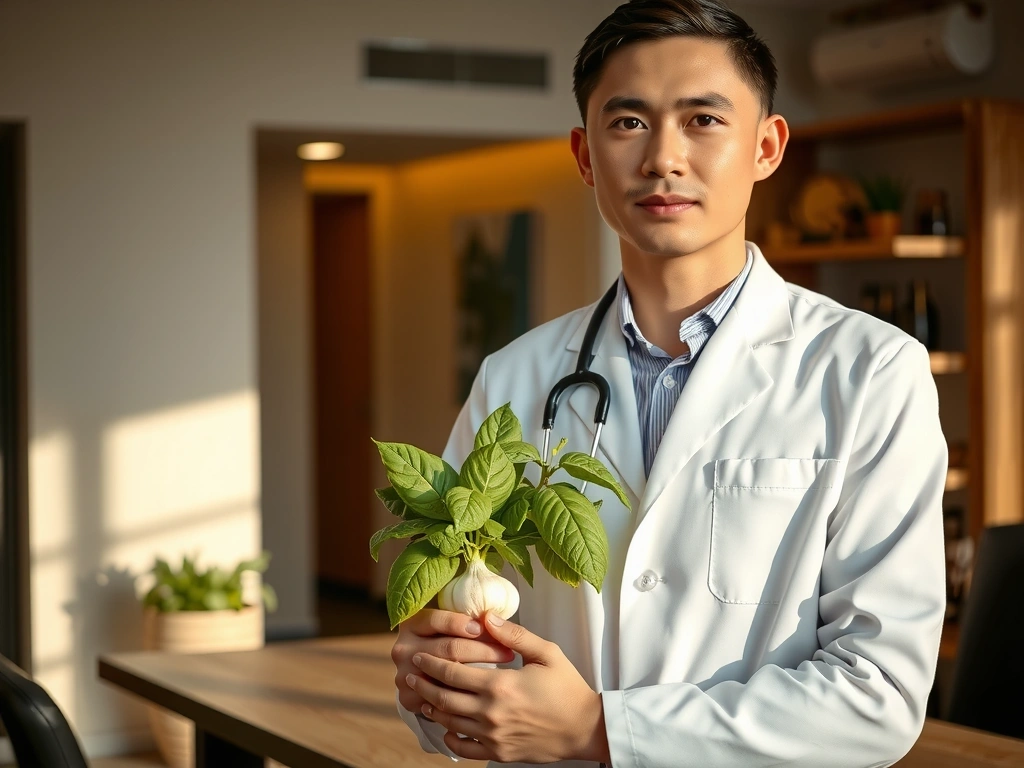 นักโภชนาการ NutriThai กำลังถือสมุนไพรไทย